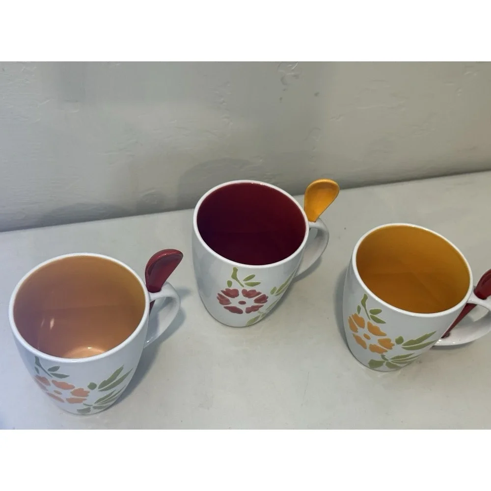 Lot Of 3 Pier 1 Stoneware Coffee Mugs 14 oz  with Spoons Fowers Hand painted
